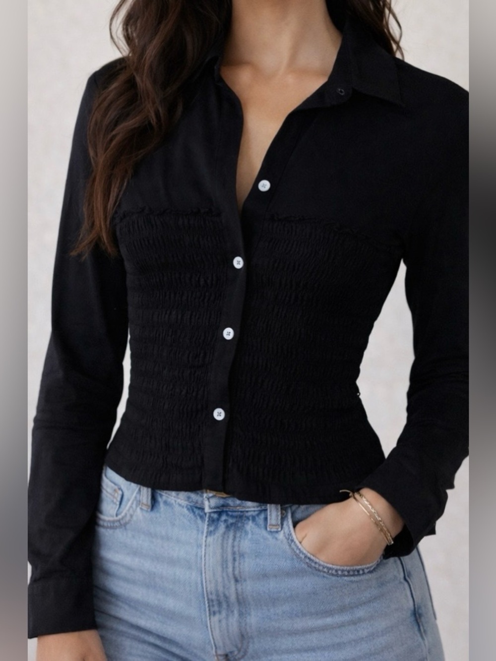Veronica Beard Black Smocked Button-Front Shirt